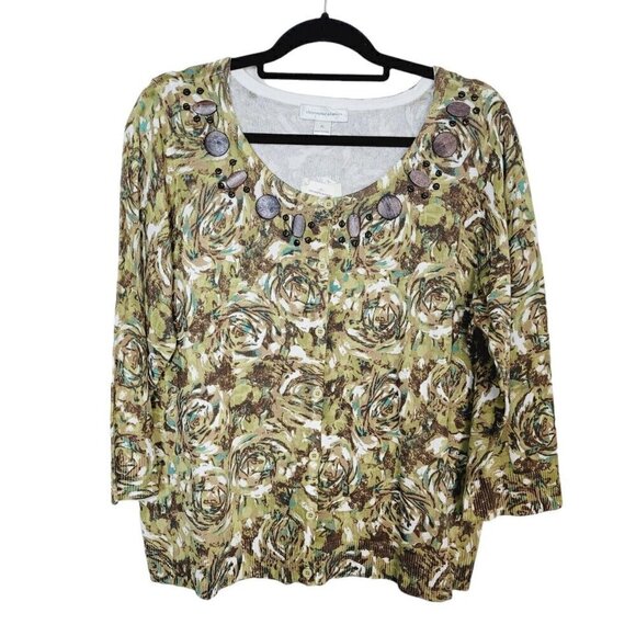 Christopher & Banks Sweater Cardigan XL Green Brown Wood Bead Embellished NEW - Picture 1 of 12